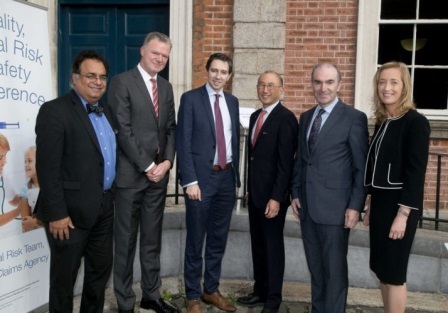 Prof. Ajay Singh (Harvard Medical School / Brigham and Women’s Hospital), Mr. Conor O’Kelly (CEO, NTMA), Minister for Health Simon Harris, Prof. Albert Wu (Johns Hopkins Hospital), Mr. Ciarán Breen (Director, SCA), and Dr. Dubhfeasa Slattery (Head of Clinical Risk, SCA) outside Dublin Castle at the Quality, Clinical Risk and Safety Conference