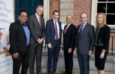 Prof. Ajay Singh (Harvard Medical School / Brigham and Women’s Hospital), Mr. Conor O’Kelly (CEO, NTMA), Minister for Health Simon Harris, Prof. Albert Wu (Johns Hopkins Hospital), Mr. Ciarán Breen (Director, SCA), and Dr. Dubhfeasa Slattery (Head of Clinical Risk, SCA) outside Dublin Castle at the Quality, Clinical Risk and Safety Conference